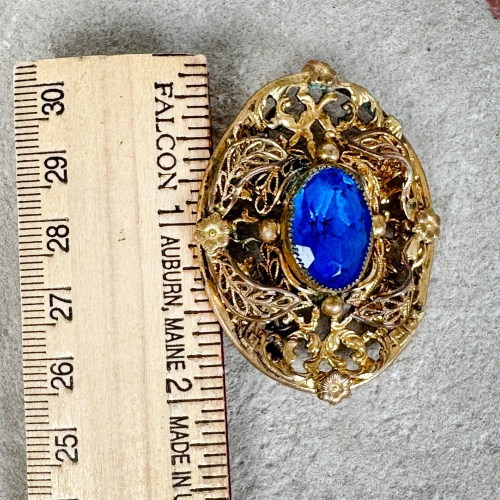 Vintage Gold Tone Filigree Brooch Pin Large Blue Cabochon Stone‎ w/ Patina